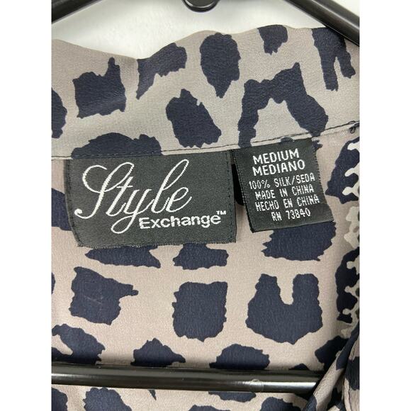 Style Exchange Silk Button Front Shirt Womens M Leopard Print Collared Short Slv - Picture 6 of 11